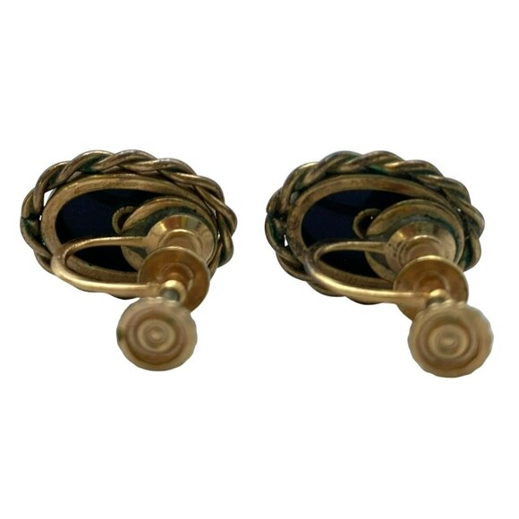 Vintage Art Deco Nouveau Gold Tone Black Rhinestone Screw back Earrings - Picture 6 of 10